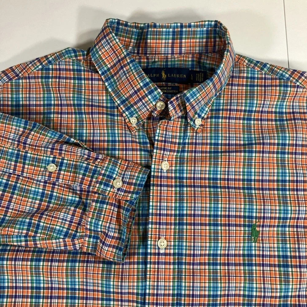 Polo Ralph Lauren Shirt Mens L Orange Blue Plaid Button Down Cotton Stretch Pony